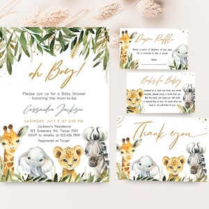 Editable Oh Boy Safari Baby Shower Invitation Bundle, Safari Jungle Baby Shower Invite Set, Greenery Gold Safari Animals Invite Pack 0392