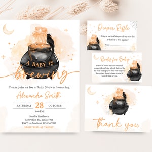 Editable A Baby is Brewing Halloween Baby Shower Invitation Bundle, Gender Neutral Halloween Baby Shower Invite Set, Witch Invitation 0469 image 1