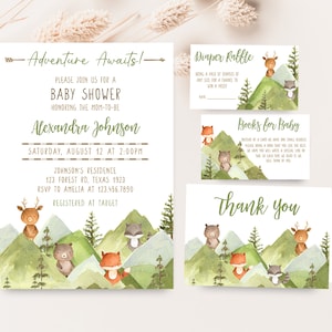 Editable Adventure Awaits Baby Shower Invitation Bundle, Woodland Baby Shower Invite Set, Forest Mountain Woodland Animals Invitation 0399