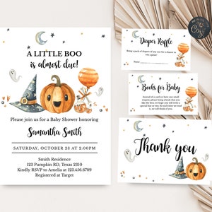 May include: A set of baby shower invitations and cards with a Halloween theme. The main invitation features a pumpkin, witch hat, and ghost illustrations with the text "A Little Boo is Almost Due!" Additional cards include "Diaper Raffle," "Books for Baby," and "Thank You."