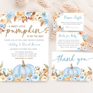Editable Blue Floral Pumpkin Baby Shower Invitation Bundle, Boy Fall Baby Shower Invite Set, Rustic A Little Pumpkin Baby Shower Invite 0472