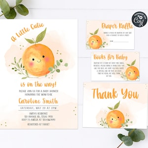 Editable Little Cutie Is On The Way Baby Shower Invitation Set, Orange Baby Shower Invite Pack, Gender Neutral Clementine Baby Template 0257