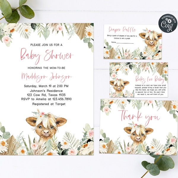 Editable Highland Cow Baby Shower Invitation Set Pink Floral Cow Baby Shower Invite Pack Girl Country Baby Shower Western Template 0192