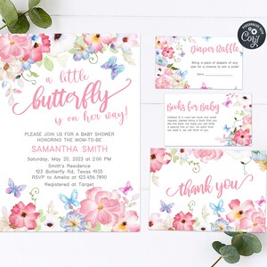 May include: A baby shower invitation with a watercolor floral design. The invitation reads "a little butterfly is on her way!" and includes the name Samantha Smith, the date and time of the shower, and the location. The invitation also includes information about RSVP and gift registry.