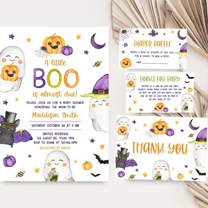 May include: Watercolor Halloween-themed baby shower invitations and inserts. The invitation features a ghost holding a pumpkin, bats, and the text "A little BOO is almost due!" Additional cards include a diaper raffle, books for baby, and thank you notes.
