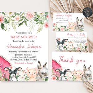 Editable Girl Farm Baby Shower Invitation Set, Floral Farm Animals Baby Shower Invitation Pack, Pink Barnyard Rustic Printable Template 0208