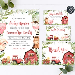 Editable Farm Baby Shower Invitation Set, Red Barnyard Baby Shower Invite Pack, Farm Animals Invite Gender Neutral Printable Template 0318