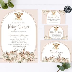 Editable Highland Cow Baby Shower Invitation Set Cow Baby Shower Invite Bundle Gender Neutral Barnyard Farm Animals Printable Template 0190