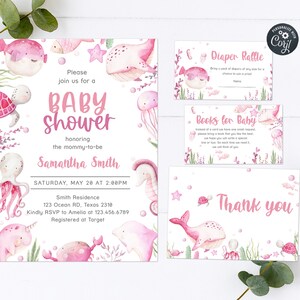Set di inviti per baby shower modificabile sotto il mare, pacchetto di inviti per baby shower sull&#39;oceano, modello stampabile nautico rosa a tema animali marini 0265