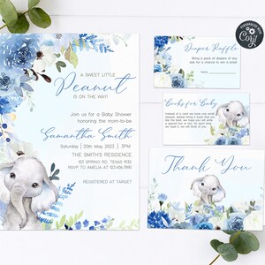 K&ouml;nnte beinhalten: Eine blaue und wei&szlig;e Babyparty-Einladung mit einer niedlichen Elefantenillustration. Die Einladung lautet "Ein s&uuml;&szlig;er kleiner Peanut ist unterwegs!" und enth&auml;lt den Namen Samantha Smith, das Datum und die Uhrzeit der Party sowie den Ort. Au&szlig;erdem enth&auml;lt sie Karten f&uuml;r eine Windel-Tombola und B&uuml;cherw&uuml;nsche f&uuml;r das Baby.