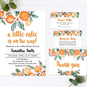 Editable A Little Cutie is on way Baby Shower Invitation Set, Clementine Orange Gender Neutral Baby Shower Invite, Printable Template 0171