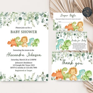 Editable Dinosaur Baby Shower Invitation Set, Dino Baby Shower Invite Pack, Greenery Baby Shower Gender Neutral Printable Template 0207