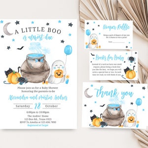 Editable A Little Boo Baby Shower Invitation Bundle, Blue Halloween Baby Shower Invite Set, Boy Halloween Ghost Baby Shower Invite Pack 0461