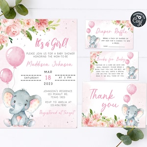 Editable Blush Pink Elephant Baby Shower Invitation Set, Girl Baby Elephant Invitation Pack, Pink Floral Baby Shower Printable Template 0233