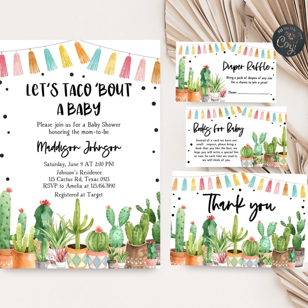 Bearbeitbares Fiesta Kaktus-Babypartyeinladungs-Set Taco Bout Babyeinladungspaket Mexikanische Babypartyeinladung Sukkulenten Printable 0187