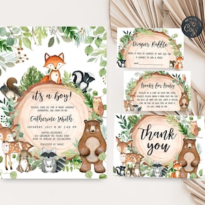 Bearbeitbares Wald-Babyparty-Einladungspaket, Waldtier-Babyparty-Einladungssatz, Junge Waldtiere laden Vorlage 0401 ein