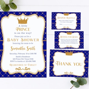 Conjunto de convites para chá de bebê real editável, pacote de convites para chá de bebê do pequeno príncipe, convite do príncipe real, coroa azul-marinho e dourada 28