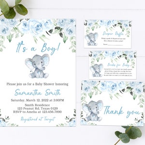 Editable Boy Elephant Baby Shower Invitation Set, Blue Floral Baby Shower Invitation, Blue Elephant Baby Shower Printable Template 0173
