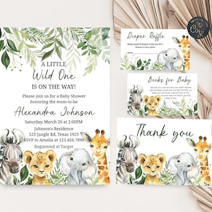 May include: Baby shower stationery set with a jungle theme. The invitation says "A Little Wild One is on the Way!" with event details. Matching cards feature watercolor illustrations of a giraffe, elephant, zebra, and lion.