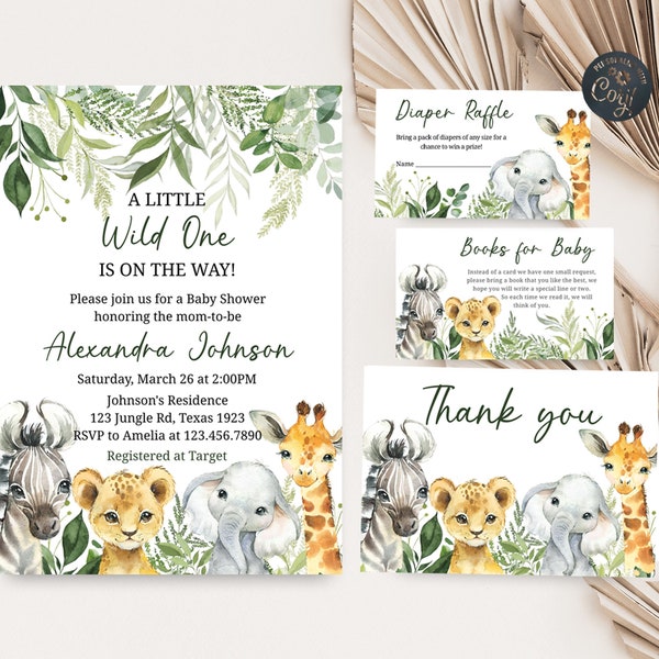 Editable Jungle Baby Shower Invitation Set, Safari Animals Baby Shower Invite Bundle, Wild One Safari Invitation, Gender Neutral Baby 0179