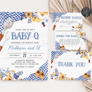 Editable Blue BBQ Baby Shower Invitation Set Baby-Q Shower Invite Pack Boy Backyard Barbeque Picnic Couples Shower Printable Template 0304