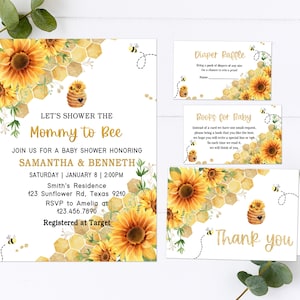 Editable Mommy To Bee Baby Shower Invitation Set, Bee Invitation Baby Shower,  Gender Neutral Bee Themed Shower, Printable Template 0161