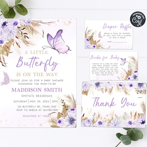 Editable Boho Butterfly Baby Shower Invitation Set, Purple Butterfly Shower Invite Pack, Bohemian Baby Butterflies Printable Template 0232