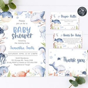 May include: Blue and white baby shower invitation with a watercolor illustration of sea creatures, including a whale, octopus, seahorse, and turtle. The invitation includes the text "Baby Shower", "honoring the mommy-to-be", "Samantha Smith", "Saturday, April 23 at 2:00PM", "Smith Residence", "123 Orange RD, Texas 2310", "Kindly RSVP to Amelia at 123.456.6789", and "Registered at Target".