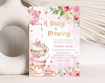 Invitación editable para baby shower de fiesta de té, invitación para baby shower de un bebé está preparando, plantilla de invitación para baby shower de fiesta de té floral rosa, 0279