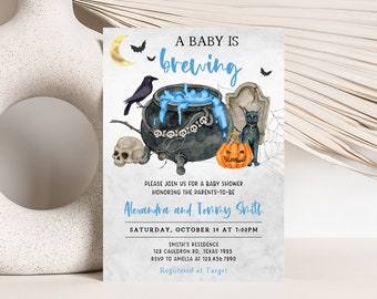 Bearbeitbar Ein Baby braut Halloween-Babyparty-Einladung, Hexen-Babypartyeinladung, Blauer Junge Halloween-Babypartyeinladungsvorlage 0440