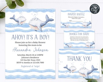 Op de afbeelding: Een setje baby shower briefpapier met een nautisch thema. De uitnodiging luidt "Ahoy! It's a Boy!" en bevat evenementdetails. Andere kaarten zijn "Diaper Raffle", "Books for Baby" en "Thank You", allemaal met aquarel walvissen.