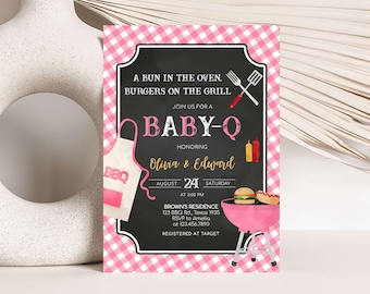 Editable Girl BBQ Baby Shower Invitation, Pink Baby-Q Gingham Baby Shower Invite, Bun in the Oven Grill Backyard Baby Shower Invite, 0841