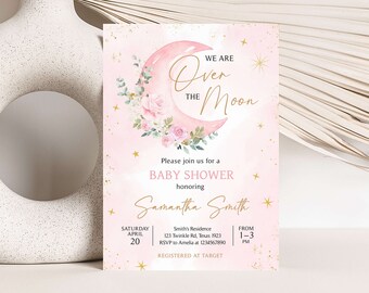 May include: Pink baby shower invitation with a gold glitter background and a watercolor illustration of a pink moon with flowers. The text reads "We are Over the Moon" and includes details for the event, including the date, time, location, and RSVP information. The invitation also states that the event is registered at Target.