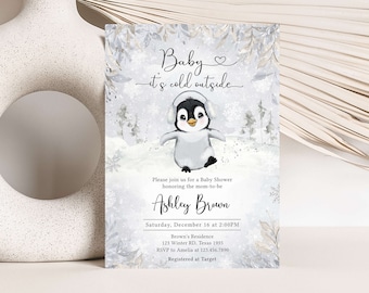 Editable Winter Penguin Baby Shower Invitation, Gender Neutral Penguin Baby Shower Invite, Baby It's Cold Outside Baby Shower Invite, 0537