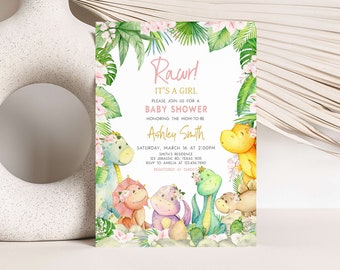 May include: A pink and green baby shower invitation with a jungle theme. The invitation features a group of cartoon dinosaurs with flowers on their heads. The text on the invitation reads "Rawr! It's a girl. Please join us for a baby shower honoring the mom-to-be Ashley Smith. Saturday, March 16 at 2:00pm. Smith's Residence 123 Jurassic Rd. Texas 1935. RSVP to Amelia at 1034567890. Registered at Target."