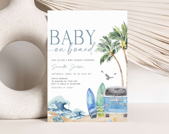 Editable Baby on Board Baby Shower Invitation, Surf Beach Baby Shower Invite, Retro Surf Boy Summer Baby Shower Invitation Template, 0709