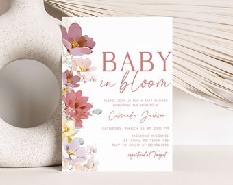 Editable Baby in Bloom Baby Shower Invitation, Spring Flowers Baby Shower Invite, Pink Florals Girl Baby Shower Invitation Template, 0613