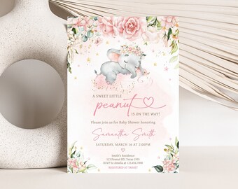 Redigerbar inbjudan till babyshower med rosa elefant, inbjudan till babyshower med rosa blommig elefant, mall för babyshower med rosa blommor och flickor, 0635
