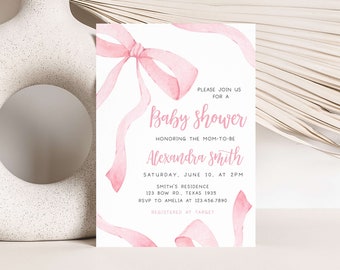 Editable Pink Baby Shower Invitation, Pink Bow Minimalist Baby Shower Invite, Pink Ribbon Girl Baby Shower Invitation, Baby Girl Ribbon 0293