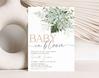 May include: A baby shower invitation with a watercolor illustration of succulents and greenery. The text reads "BABY in bloom" and includes the name Samantha Jackson, the date and time of the shower, and the location. The invitation also includes the RSVP information and states that the event is registered at Target.