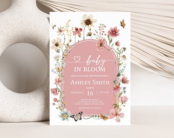 Editable Baby in Bloom Baby Shower Invitation, Wildflower Baby Shower Invite, Muted Pink Boho Spring Flowers Baby Shower Invitation, 0650