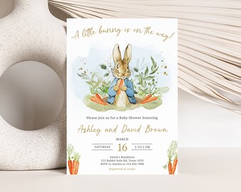 Modifiable Peter Rabbit Baby Shower Invitation, invitation de baby shower bleu Pierre de lapin, Invitation de shower de bébé garçon rustique Peter Rabbit, 0625