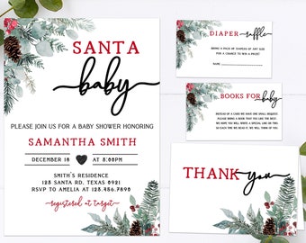 Editable Santa Baby Winter Baby Shower Invitation Set, Christmas Baby Shower Invite, Rustic Greenery Gender Neutral Printable Template 0152
