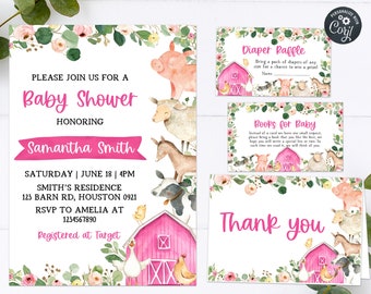 Op de afbeelding: Roze en groene baby shower uitnodiging met een boerderijthema. De uitnodiging toont een roze schuur, een varken, een koe, een geit, een kip en een gans. De tekst op de uitnodiging luidt "Kom gezellig met ons mee naar een baby shower ter ere van Samantha Smith".