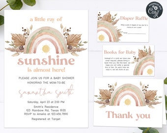 Editable Rainbow Baby Shower Invitation Set, Boho Baby Shower Invite, A Little Ray of Sunshine Invitation, Boho Rainbow Girl Template 0196