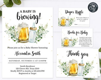 May include: A baby shower invitation with a beer mug and baby bottle graphic. The invitation says "A baby is brewing!" and includes the date, time, and location of the event. It also includes the name of the guest of honor, Alexandra Smith.