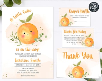 Editable Little Cutie Is On The Way Baby Shower Invitation Set, Orange Baby Shower Invite Pack, Gender Neutral Clementine Baby Template 0257