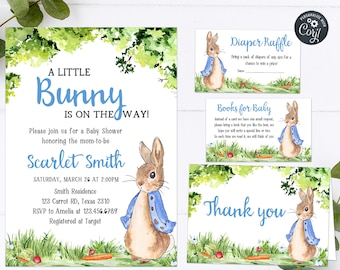 Ensemble d'invitations modifiables pour baby shower lapin bleu, pack d'invitations pour baby shower lapin bleu, modèle imprimable d'invitation rustique Peter Rabbit 0235
