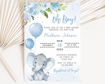 Editable Elephant Baby Shower Invitation, Blue Balloon Baby Shower Invite, Baby Boy Elephant Invitation Safari Printable Template 0231