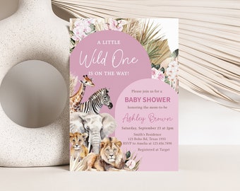 Bewerkbare Boho A Little Wild One babyshower uitnodiging, roze boho safari jungle babyshower uitnodigen, babyshower meisje safari dieren, 0519